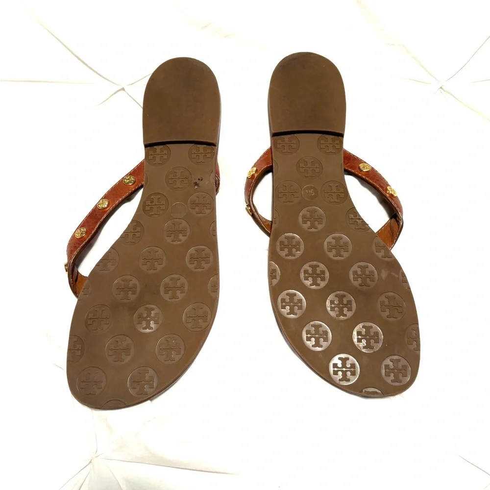 Tory Burch Leather Logo Thong Sandals with Gold Stud Accents